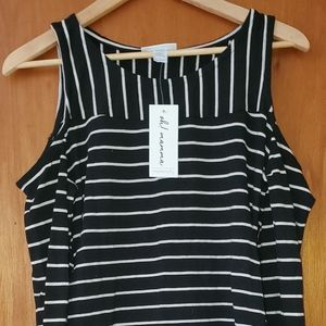 Black and white stripped cold shoulder (maternity) sweater.